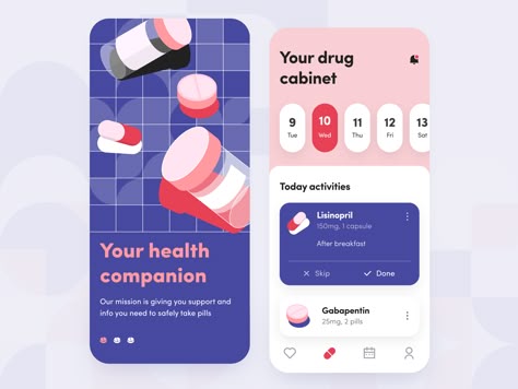 Medicine Reminder - Mobile app concept  Hello guys  How many times have you missed your medication? And how badly could it affect your health?  To avoid such problems it is now fashionable to use reminders. In particular there are separate applications for medications where you can add the ones you need make a consumption schedule and monitor your health right on the phone. I made the concept of such an application clean and illustrated to make it look more modern  Thank you for your attention a Medicine Reminder App, Medicine Reminder, Reminder App, Medical App, Web Illustration, App Concept, Ui Design Mobile, Web Design Mobile, Ui Ux 디자인