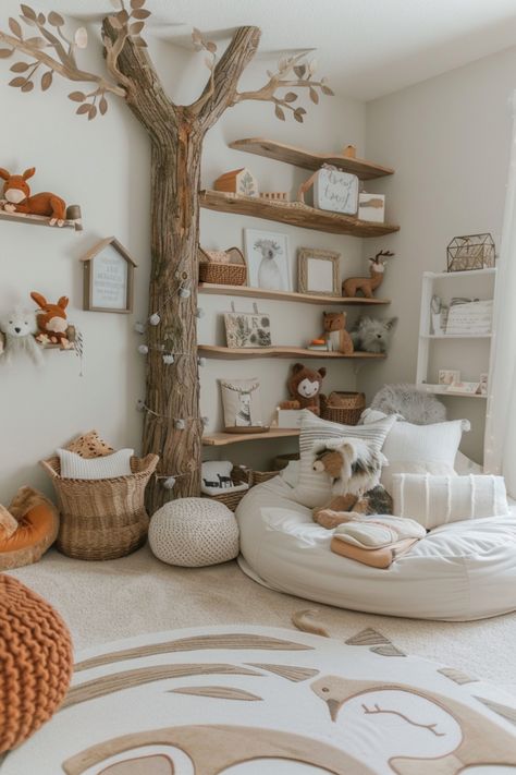 Bring the magic of the woods into your nursery with earthy tones, rustic furniture, and woodland-themed decor. See more ideas here. Small Woodland Nursery, Woodland Neutral Nursery, Enchanted Forest Toddler Room, Woodland Nursery Decor Ideas, Babys Room Aesthetic, Woodland Reading Corner, Woodland Themed Room, Earth Tone Baby Nursery, Woodland Theme Decor