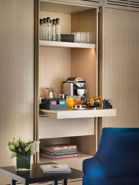 The One Barcelona | Photos and videos | H10 Hotels Hotel Minibar Cabinet, Hotel Room Coffee Bar, Hotel Room Mini Bar, Mini Bar Hotel, Hotel Kitchenette, Hotel Minibar, Barcelona Photos, Hallway Table Decor, One Hotel