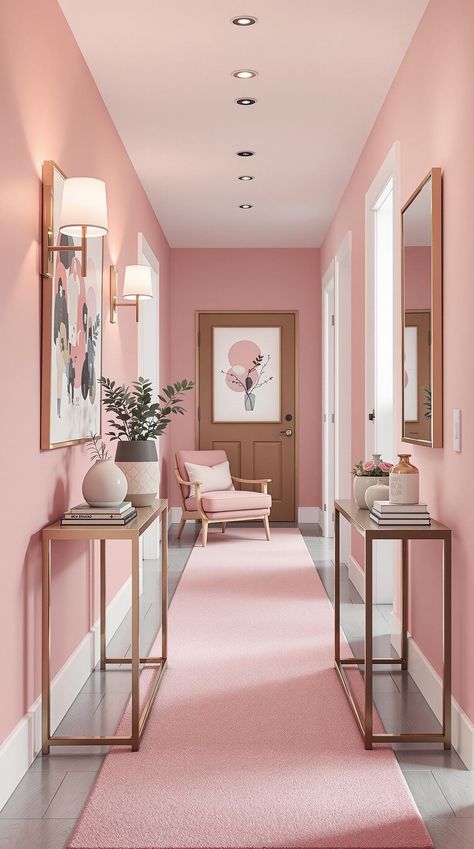 Pink Room Decor Pink Hallways, Pink Modern House, Pink Hallway Ideas, Pink Home Interior, Pink Entrance, Pink Room Decor Ideas, Pink Entryway, Pink Hallway, Pink Room Ideas