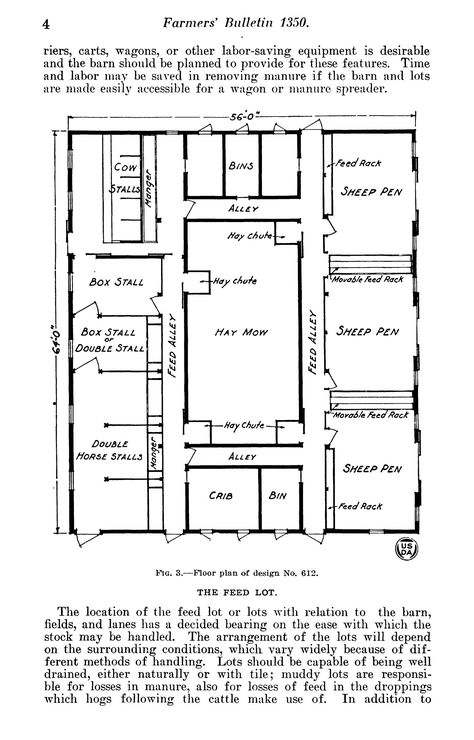 Report giving instructions for designing and building barns for cattle. Considerations include the location, size, arrangement, and ventilation of barns. Different barn designs are provided. Multi Animal Barn Layout, Equine Property, Cattle Barn Designs, Cattle Housing, Goat Ideas, Sheep House, Sheep Pen, Livestock Barn, Barn Layout