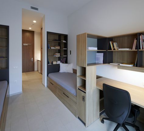 Modern Student Room Design, Student Housing Interior, Student Accommodation Room Ideas Uk, Student Accommodation Design, University Residence Room Ideas, Student Residence Room, Dormitory Room Design, Dorm Architecture, Student Room Design