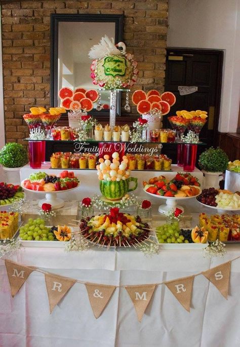 Fruit Bar Wedding Buffet, Fruit Platter Wedding Party Ideas, Fruit Table Display Wedding Dessert Bars, Wedding Shower Fruit Display, Wedding Fruit Platter Ideas, Fruit Bar Ideas Wedding, Bridal Fruit Tray, Easy Brunch Catering Ideas, Display Fruit For Party