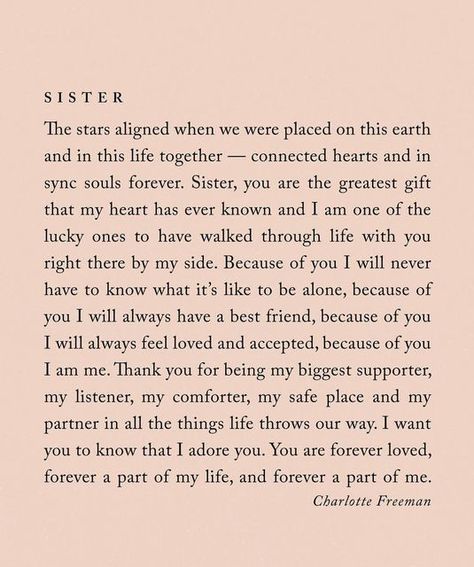 Brother Poems From Sister, Letter To Sister, Soul Sister Quotes, Good Sister Quotes, Brother Poems, Charlotte Freeman, Minimal Quotes, Little Sister Quotes, Great Love Quotes