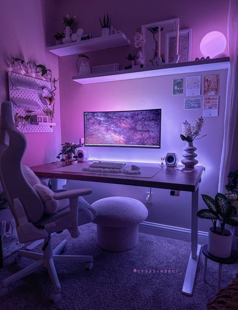 Games Room Inspiration, Gaming Desk Setup, Girl Cave, Gamer Setup, Setup Gamer, Gamer Room Decor, Night Mode, Pc Setups, Decor Studio