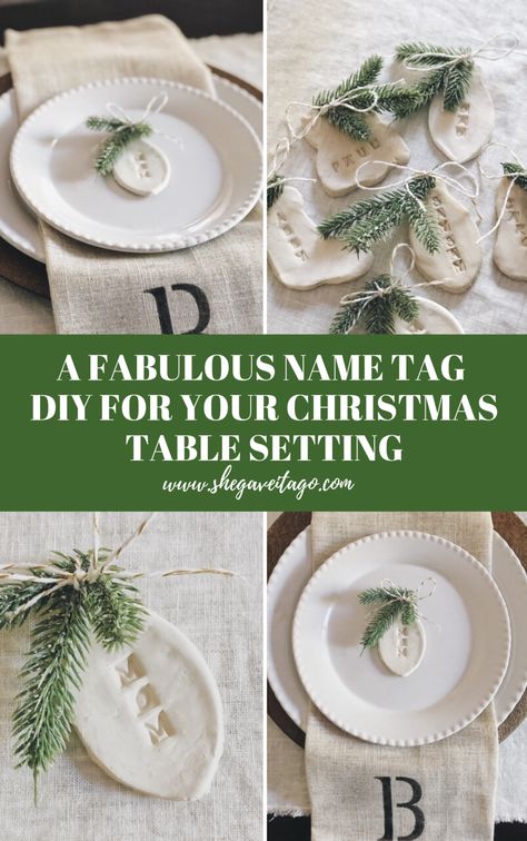 A Fabulous Name Tag DIY For Your Christmas Table Setting - She Gave It A Go Diy Christmas Name Tags, Name Tag Table, Diy Name Tags, Table Plates, Diy Place Cards, Wedding Name Tags, Printable Tags Template, Christmas Place Settings, Diy Christmas Table