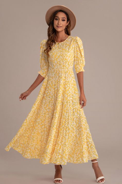 Yellow New Trendy Dresses, Tie Waist Maxi Dress, Solid Midi Dress, Solid Maxi Dress, Cute Modest Outfits, Vintage Boho Fashion, Casual Day Dresses, Comfy Dresses, Cotton Midi Dress