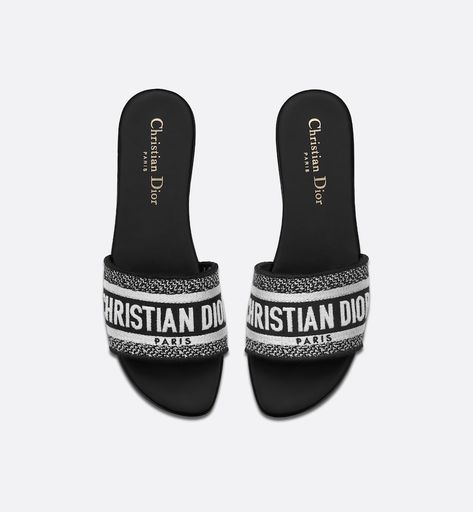 Dway Slide Black Embroidered Cotton | DIOR Dior Slides, Christian Dior Paris, Dr Shoes, Dior Sandals, Dior Book Tote, Christian Dior Couture, Dior Couture, Slides Sandals, Dior Shoes