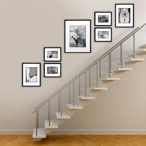 Amazon.com - GALLERY PERFECT 7 Piece Black Photo Frame Wall Gallery Kit #11FW1443. Includes: Frames, Hanging Wall Template, Decorative Art Prints and Hanging Hardware - Picture Frame Sets Photo Frames On The Stair Wall, Photo Frame Ideas Wall Stairs, Different Frames On Wall Decor, Hall Picture Gallery Stair Walls, Stairs Photo Frame Ideas, Staircase Wall Frames, Photo Gallery Wall Dimensions, Family Photo Wall Collage Stairway, Photo Wall Going Down Stairs