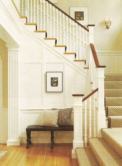 Eventually need to redo the carpet on our stairs, and I like this fabric. Turn Staircase, Stair Design Ideas, Hallway Stairs And Landing, Bottom Of Stairs, Carpet Runners For Stairs, Runners For Stairs, Deck Stair Railing, Timber Handrail, White Wall Paneling