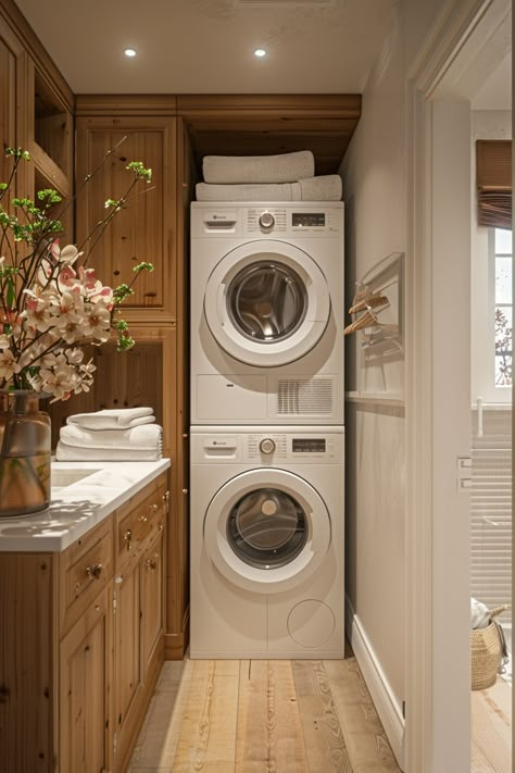 Stacked Laundry Room Closet, Laundry Room Deep Freezer, Garage And Laundry Room Addition, Laundry Nook In Bathroom, Laundry Bedroom Ideas, Small Utility Laundry Room Ideas, Small Long Laundry Room Ideas, Stackable Washer Dryer Laundry Room Small Closet Diy, Hanging Area In Laundry Room