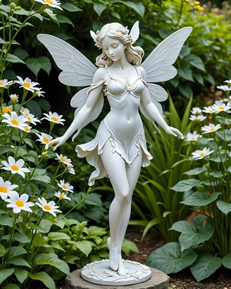 Garden 🧚 Fairy Sculptures & Statues, Fairy Holding Flower, Fairy Poses, Angel Sculpture Art, Recycled Artwork, Fairy Sculpture, Fairy Sitting, Classic Sculpture, Fairy Statues