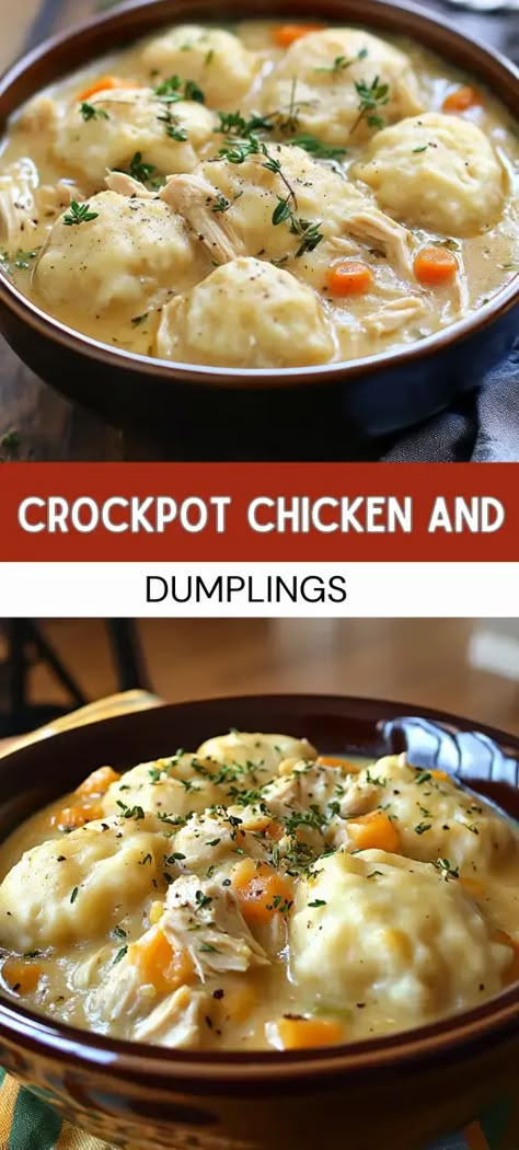 CrockPot Chicken and Dumplings Chicken And Dumpling Soup, Skinnyish Dish, Meals With Chicken, Crockpot Chicken And Dumplings, Dumpling Soup, Crockpot Meal, Homemade Dumplings, Chicken Dumplings, Ww Meals