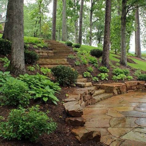 ( Water's edge ) Hillside landscaping - The beauty of shade ( This would be great in our backyard ) ( TN crab orchard flagstone ) Terraced Landscaping, Landscaping A Slope, Sloped Backyard Landscaping, Landscaping On A Hill, Sloped Yard, Hillside Garden, Sloped Backyard, Stone Steps, Hillside Landscaping