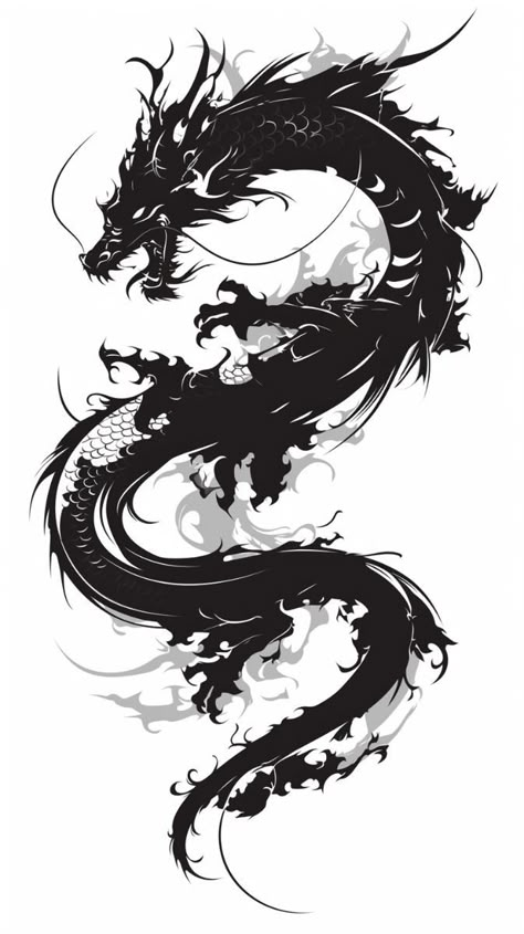 Dragon Vector Tattoo - Strength and Mysticism Check more at https://ideatatto.com/drawings/dragon-vector-tattoo-strength-and-mysticism/ Anime Dragon Tattoo Designs, Dragon Ideas Art, Year Of The Dragon Tattoo, Deep Symbols, Dragon Tattoo Vector, Black And White Dragon, Black Dragon Tattoo, Dragon Tattoo Drawing, Japanese Dragon Drawing