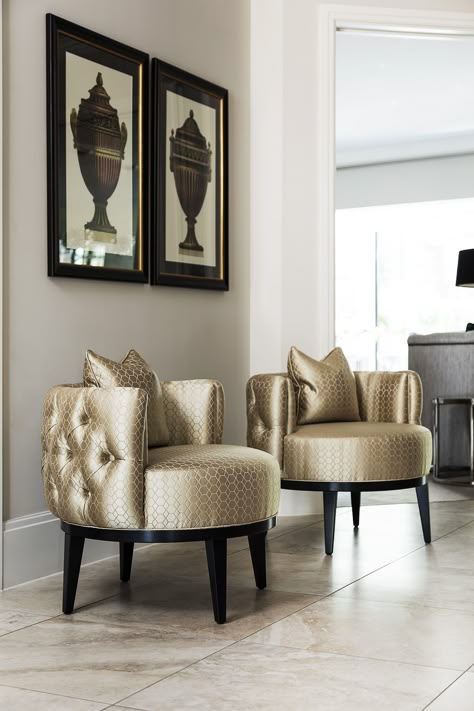 OSCAR OCCASIONAL CHAIR. An inspirational luxury accent chair that makes an impact in this luxury entrance. This charming round occasional chair with the chic curves features a deep buttoned back, pipping details and an optional swivel plinth for those searching for a luxury swivel chair. Here featured in gold fabric.  – This luxury home interior is designed by the S&C interior design team for a family who needed a glamorous mansion for entertaining and a family home with growing children. Kursi Ban, Tire Furniture, White Furniture Living Room, Set Sofa, Luxury Chairs, Living Room Sofa Design, Luxury Home Furniture, Luxury Homes Interior, Luxury Sofa