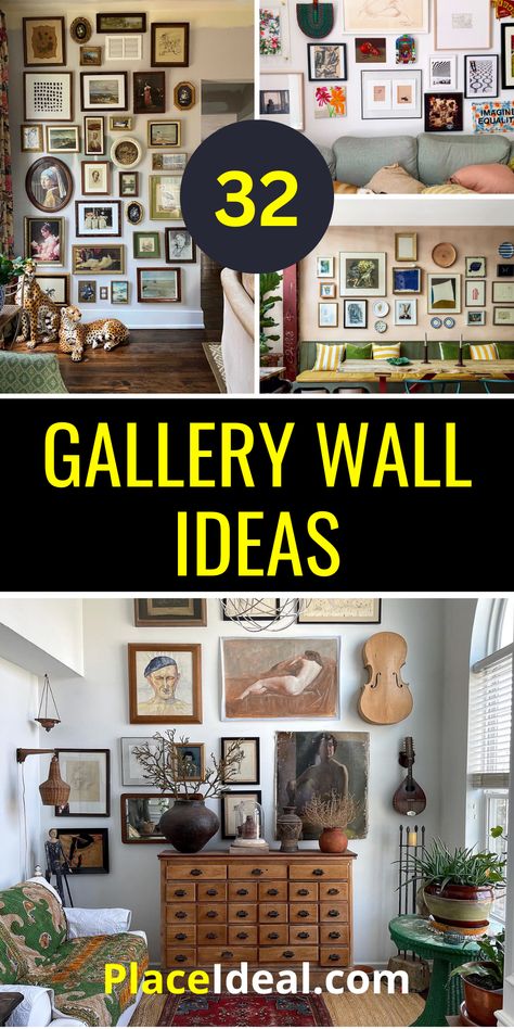 32 Gallery Wall Ideas 2024: Transform Your Space with Creative and Unique Layouts - placeideal.com Clean Gallery Wall Ideas, Gallery Walls Bedroom, Tall Wall Photo Gallery, Wall Picture Gallery Ideas, Small Photos On Wall Ideas, Home Wall Gallery Ideas, Multiple Gallery Walls In One Room, Gallery Wall Ideas Photos And Art, Different Sized Frames On Wall