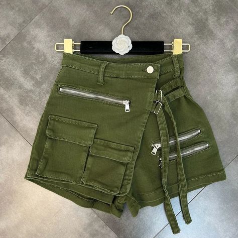 Zingj 2022 Summer New Arrivals High Waist Double Pockets Single Button Denim Shorts Skirt Women Short Jeans GF525 Loose Denim Shorts, Short Cargo, Shorts Skirt, Green Belt, Fit Summer, Cargo Skirt, Short Jeans, Skirt Women, Women Cargos