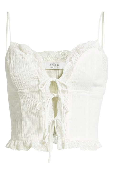 ASTR the Label Lace Trim Tie Front Crop Camisole in White at Nordstrom Rack, Size Large Summer Top Inspiration, Dainty Tops, Cute White Tops, Cropped Camisole, Astr The Label, Versatile Outfits, Cropped Cami, Jean Shirt Dress, Sports Blazer