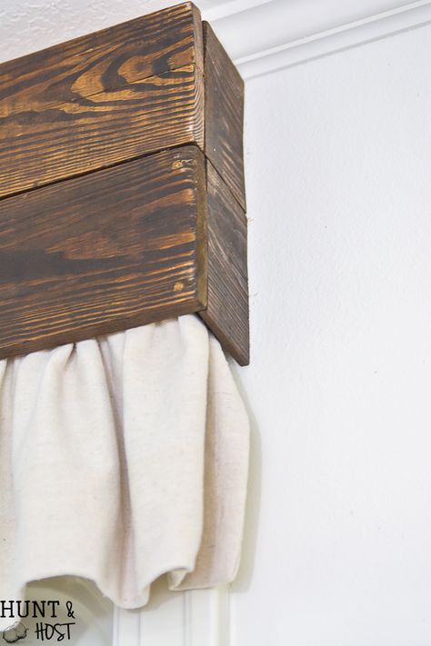 Wood and Dropcloth Curtains - Salvaged Living Dropcloth Curtains, Wooden Valance, Drop Cloth Projects, Curtain Tutorial, Wood Valance, Cloth Curtains, Homemade Curtains, Diy Curtain, Kitchen Decor Styles