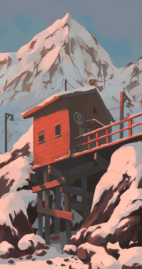 Red Cabin, Winter Drawings, The Long Dark, Bg Design, Mountain Illustration, Snowy Mountain, Landscape Illustration, Visual Development, Environment Design