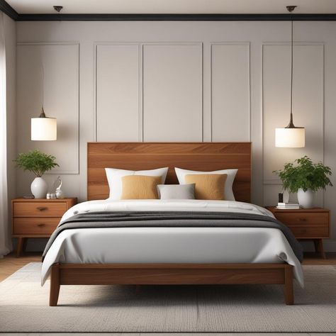 Teak Wood Cot Designs, Lamps Neutral, Mustard Pillows, Modern Wood Bedroom, Brown Wood Bed, Main Bedroom Ideas, Walnut Bedroom, Mid Century Modern House Plans, Parents Bedroom