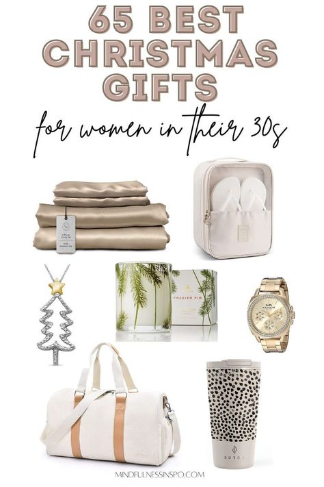 65 best Christmas gifts for women in their 30s featuring luxury mulberry silk sheets set, shoe organizer for travel, Christmas tree pedant necklace, frasier fir scented candle, Coach women's watch golden, white canvas weekender bag, cute travel coffee mug pink with black spots, more cute Christmas gift ideas for her in the holiday gift guide for women on mindfulnessinspo.com Gift Guide Women’s, Best Womens Gifts, Best Christmas Gifts For Young Women, Gifts For Late 20s, Viral Gifts For Women, Must Have Christmas Gifts For Women, Christmas List 2022 Women, Gift Ideas For Her Christmas, Gifts For Women In Their 40s