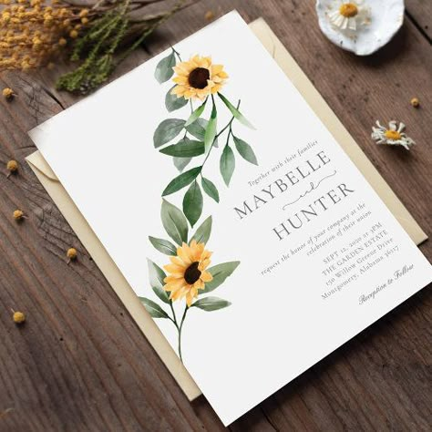 $3.19 | Yellow Watercolor Sunflowers & Wildflower Wedding - sunflowers, watercolor sunflowers, sunflower wedding, country style wedding, bohemian, eucalyptus greenery, bohemian chic, fall autumn, garden theme wedding, wildflower sunflower arrangement Country Style Wedding Invitations, Sunflowers Watercolor, Sunflower Arrangement, Rustic Sunflower Wedding, Watercolor Sunflowers, Wildflower Wedding Invitations, Sunflower Themed Wedding, Garden Theme Wedding, Sunflower Wedding Invitations