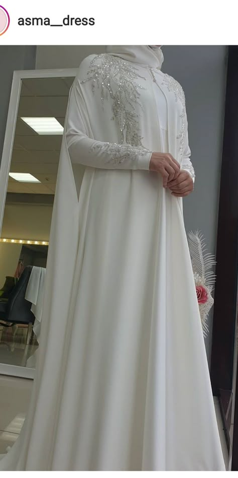 Nikah Abaya Dress, Abaya For Nikah, Modest Nikkah Outfit, Islamic Wedding Dress Hijab Bride Simple, White Bridal Abaya, Modest Nikkah Dress, Fancy Abayas Weddings, Bridal Abaya Designs, Muslimah Wedding Dress Simple