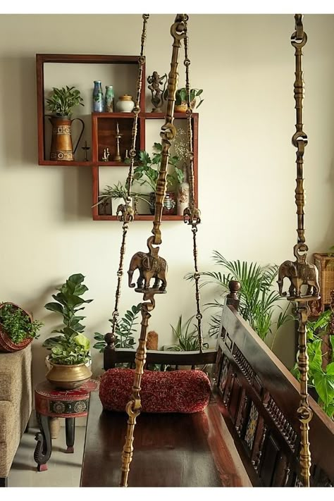 indoor green plants, house plants, green plants, healthy indoor plants, traditional jhoola, antique swing, vintage modern indian, antique modern indian home, indian living room Traditional Indian Houses, Indian House Interior, Village Interior, Indian Living Room Decor, Indian Interior Design, Indian Room, Indian Living Room, Indian Room Decor, Indian Living Rooms