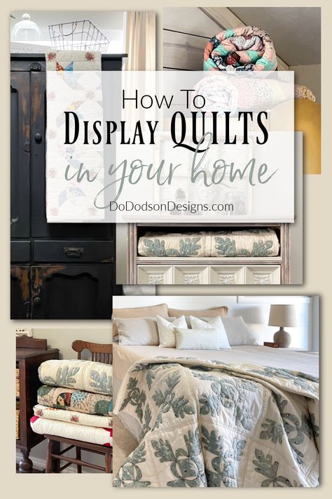 7 Charming Ways To Display Quilts In Your Home Quilt Stands Display, Quilt On Wall Decor, Quilt Shadow Box Display, Blankets Display Ideas, Vintage Quilt Bedroom Decorating Ideas, Storing Quilts Storage Ideas, Quilt Holder Ideas, Quilts As Headboards, Hang Quilt On Wall Ideas