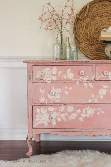 Pink Floral Dresser + White Chippy Dresser with DecorSteals Knobs - Shades of Blue Interiors Pink Painted Furniture, Pink Furniture, Shabby Chic Dresser, Stencil Furniture, Distressed Furniture, Style Deco, Dresser Decor, Refurbished Furniture, Shabby Chic Homes