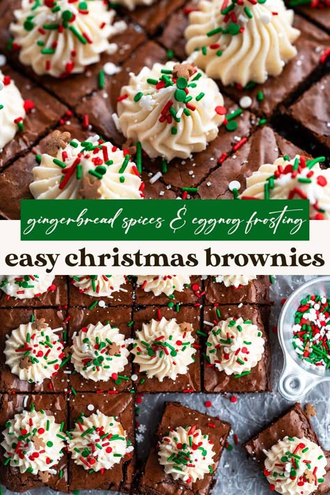 Festive Christmas brownies strike the perfect balance between fudgy and chewy with a crackled top, rich chocolate flavor, and warm gingerbread spices. And for the icing on the cake, they're decorated with an easy 5-minute eggnog buttercream and holiday sprinkles! Christmas Bakery Recipes, Decorating Brownies For Christmas, Christmas Themed Brownies, Christmas Decorated Brownies, Simple Christmas Deserts, Christmas Desserts Brownies, Homemade Christmas Dessert Gifts, Brownies Christmas Ideas, Christmas Brownies Recipe