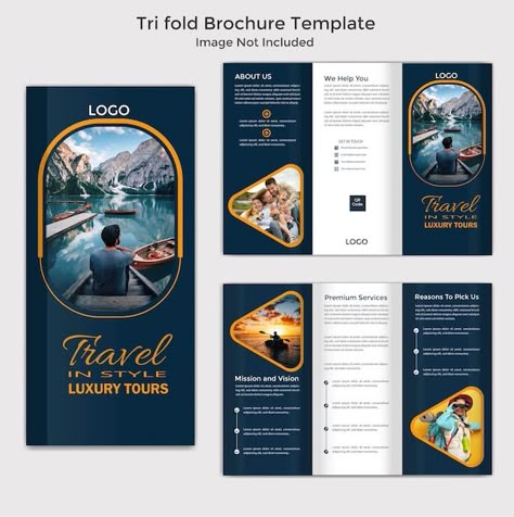 Travel and tourism tri fold brochure tem... | Premium Vector #Freepik #vector #restaurant #catalog #trifold-brochure #business-presentation Luxury Tri Fold Brochure Design, Travel Trifold Brochure Design, Brochures Design Ideas, Trifold Design Ideas, Travel Brochure Design Layout, Travel Brochure Design Creative, Trifold Brochure Design Creative, Travel Brochure Ideas, Brochure Design Layout Templates