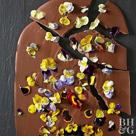 Viola Candy Bark Popcorn Marshmallow, Edible Rose Petals, Flowers Recipes, Edible Flowers Recipes, Flower Recipes, Store Bought Cake, Candy Bark, Ice Cream Floats, Melting White Chocolate