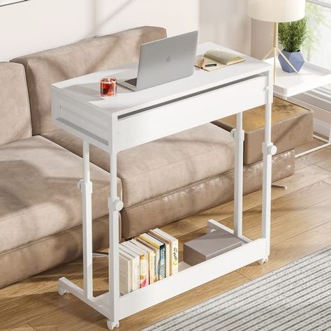 Adjustable Side Table Portable Desk with Drawers and Wheels for Home Office - Bed Bath & Beyond - 37844852 Portable Sofa, Couch Desk, Adjustable Side Table, Rolling Desk, Mobile Desk, Rolling Table, Rustic End Tables, Height Adjustable Desk, Coffee Snacks