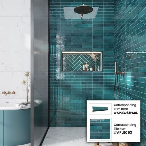 Apollo Tile Green 2.58-in. x 8-in. Polished Ceramic Subway Tile (5.38 Sq ft/case) - On Sale - Bed Bath & Beyond - 36077930 Teal Bathroom Tile Ideas, Colored Subway Tile Bathroom, Aqua Shower Tile, Blue Tile Bathrooms, Aqua Tile Bathroom, Turquoise Tile Bathroom, Teal Tile Bathroom, Teal Shower Tile, Teal Bathroom Tiles