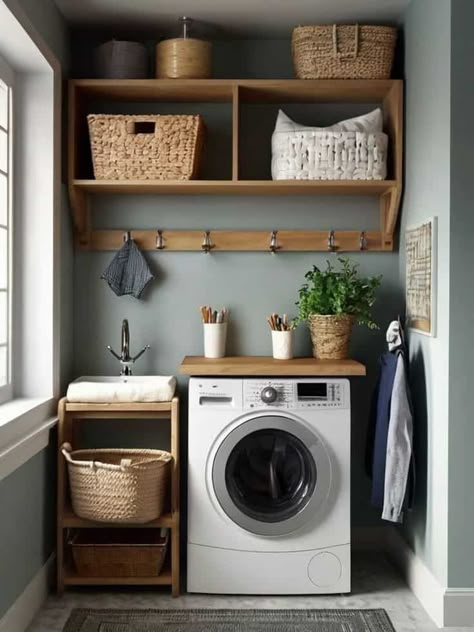 20 Small Laundry Room Organization Ideas » Lady Decluttered Small Laundry Room Ideas Organization, Laundry Room Functional, Tiny Laundry Room Ideas, Laundry Room Ideas Organization, Apartment Laundry Room, Small Laundry Area, Small Laundry Closet, Tiny Laundry Room, Room Ideas Organization