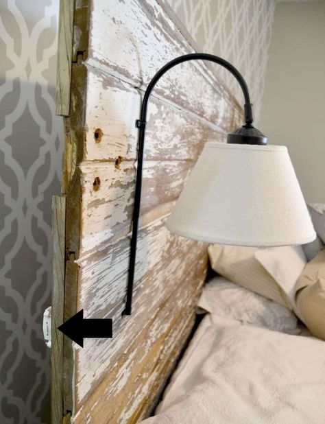 If you would like to free up some space on your night stands, click over to see how to make a DIY Plug In Wall Sconce for your headboard. Diy Bedside Lamp, Diy Headboard With Lights, Diy Night Stand, Wall Lights Diy, Rustic Wood Headboard, Barn Door Projects, Headboard Lamp, Plug In Wall Lamp, Head Boards