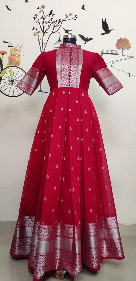 Paithani Saree Kurti Design, Different Long Frock Designs, Silk Saree Frocks For Women, Frocks For Women Pattu Long Frocks For Women, Frock Model Kurtis, Full Dress Long Indian, Long Frock Designs Pattu, Gaouns Dress Gowns, Full Frock Designs For Women Party Wear