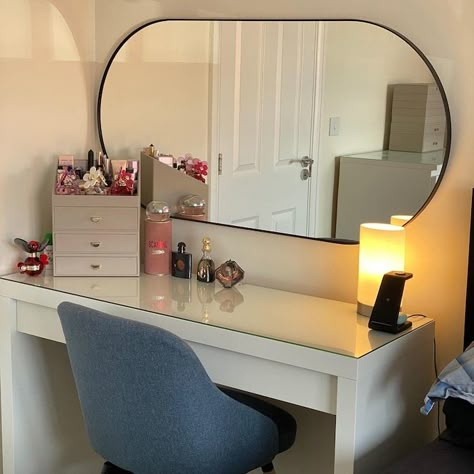 Ikea Malm Glass Top, Ikea Dressing Table Ideas, Lindbyn Mirror Ikea, Vanity Ideas Bedroom Ikea, Ikea Lindbyn Mirror, Dressing Table Mirror Ideas, Ikea Vanity Ideas, Malm Table, Ikea Room Decor