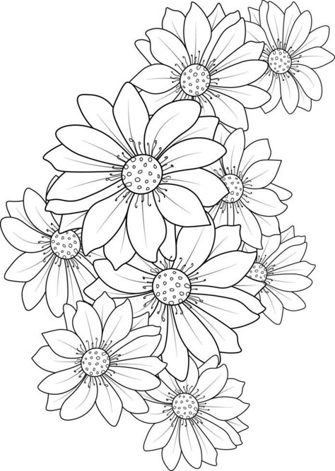 Daisy Flower Bouquet, Coloring Pictures For Kids, Flower Stencils, Flower Pattern Drawing, Arte Doodle, Doodle Art Flowers, Flower Line Drawings, Flower Outline, Flower Drawing Design