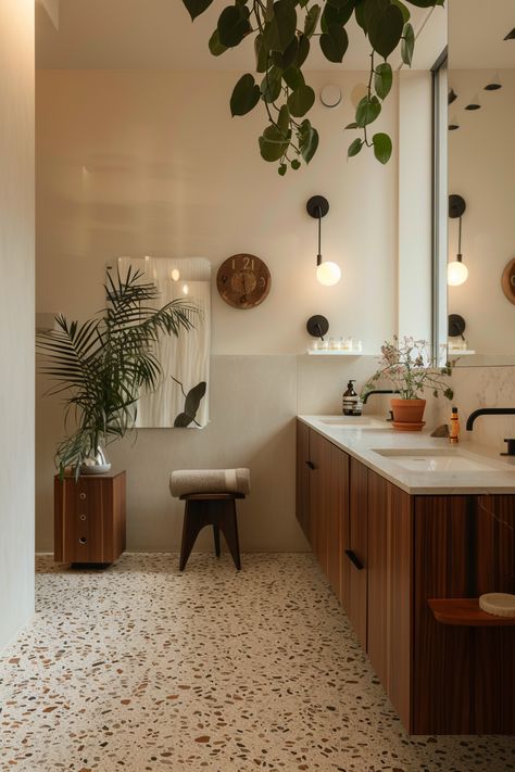 Green And Cream Tile Bathroom, Mid Century Modern Room Ideas, Mid Century Scandinavian Bathroom, Tiny Mid Century Bathroom, Bathroom Tile Inspiration Floor, Midcentury Modern Guest Bathroom, Mod Century Bathroom, 70s Inspired Bathroom Ideas, Fresh Bathroom Colors