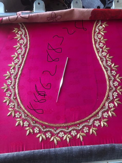 Zardosi Work Blouse Neck Design, Ikat Blouse Designs Latest, Jardosi Work Design In Dress, Aari Work Dress Designs, Aari Work Blouse Back Design, Jardosi Blouse Work Simple, Khatliwork Blouse Design Latest, Khatali Work Blouse Designs New, Khatli Work Blouse Design New 2024