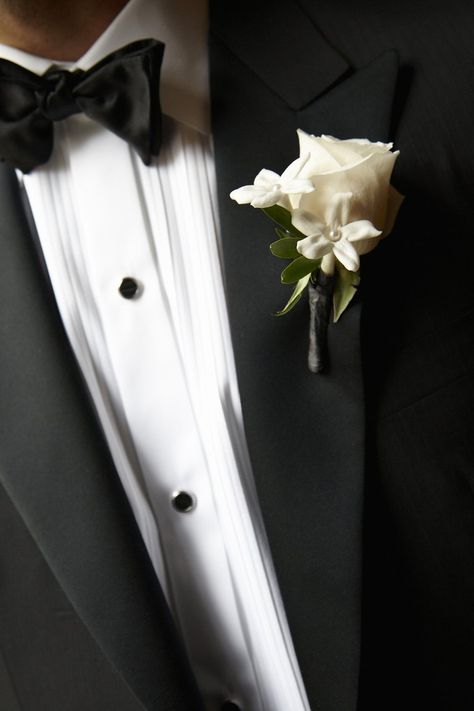 Mona Mina, Ballroom Ceremony, Elegant Ballroom, Small Wedding Bouquets, Tuxedo Bow Tie, A Single Rose, White Boutonniere, Cascading Wedding Bouquets, Rose Boutonniere