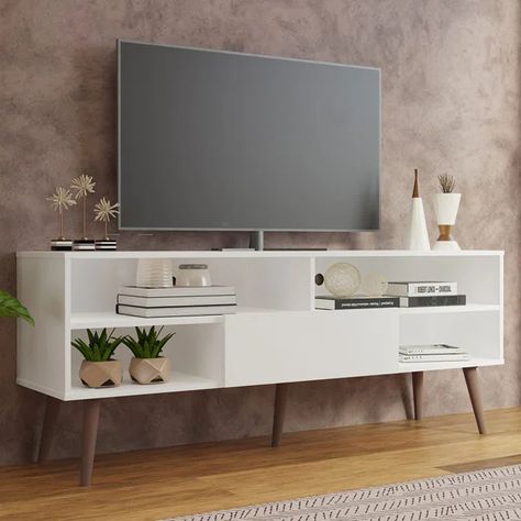 59.05'' Media Console Media Console Living Room, Bedroom Entertainment Center, Mid Century Tv Stand, 65 Inch Tv Stand, Console Living Room, Television Cabinet, Wood Entertainment Center, White Tv Stands, Modern Tv Units