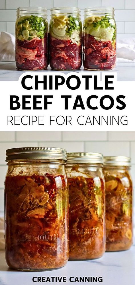 Discover chipotle beef tacos recipe for canning with this easy pressure canning method. This versatile beef taco meat, packed with spices and chipotle peppers, is a quick heat-and-serve meal straight from your pantry. Find more Mexican canning recipes, easy canning recipes, best Mexican food recipes, and Canning Hot Peppers at creativecanning.com. Brushetta Recipes Canning, Low Carb Canning Recipes, Canned Taco Meat, Canning Dinner Recipes, Healthy Canning Recipes, Canned Beef Stew Recipes, Canning Brisket, Canning Soup Recipes Pressure, Canning Meat Recipes