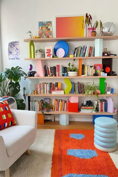 Looking for a rug as vibrant as the rest of your decor? Revival's one-of-a-kind modern and abstract rugs offer an added touch of personality and creative expression. (Photo: @yulingwu on Instagram) Vibrant Rug Living Room, Colourful Flat Decor, Abstract House Decor, Bold Apartment Decor, Homes With Personality, Colorful Bedroom Rug, Rug Inspiration Living Room, Colorful Modern Apartment, Primary Colors Aesthetic Room