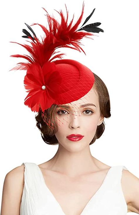 Z&X Feather Fascinator Pillbox Hats for Women Sianmay Headband Wedding Tea Party Derby Hat with Clips Red at Amazon Women’s Clothing store Charlie 1 Horse Hat, Wedding Tea Party, Large Brim Hat, Fascinator Wedding, Black Fascinator, Types Of Hats, Feather Fascinator, Hat Fascinator, Party Headband