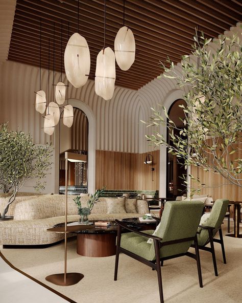 The main lobby at the Mantera 5* Resort. We emphasized organic forms and natural colors that were taken in from the exterior palette outside. We were influenced by the natural reserve that is located just across the luxurious 10 hectare property. #hotel #luxuryhotelinterior #luxuryinterior #hotellobby #lobbyinterior #organicforms #organicpalette #hoteldesign #designhotel #designhotels #interiordesign #hospitalitydesign Outdoor Lobby Design, Mid Century Modern Hotel Lobby, Hotel Minimalist Design, Japandi Lobby Design, Scandinavian Hotel Lobby, Lounge Hotel Design, Green Interior House, Japanese Hotel Lobby, Boutique Hotel Lobby Design